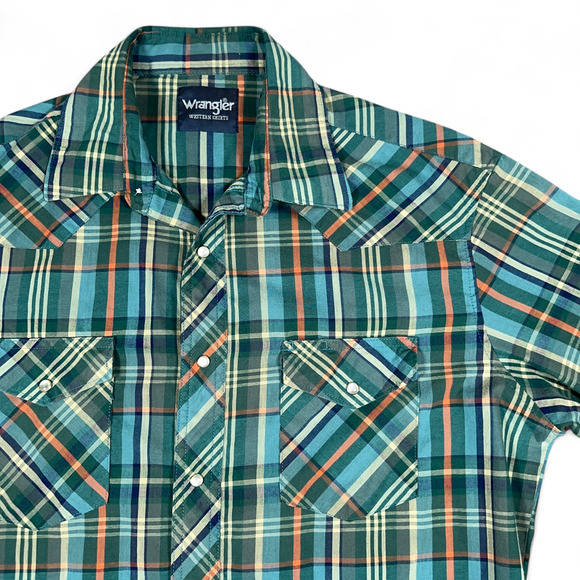 Wrangler Western Shirt Adult LARGE Green Blue Plaid Pearl Snap Outdoor Cowboy - Picture 2 of 10